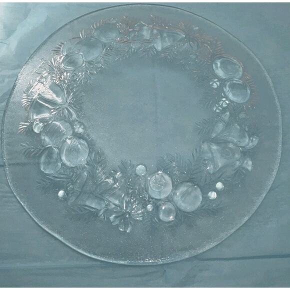 Bell Ball Garland COOKIE SERVING Platter Christmas Holiday Clear Glass - Picture 2 of 3